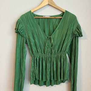 Zara Green Pleated Blouse with V-Neck